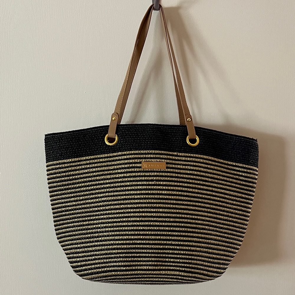 AMIANI Chic Striped Black and Tan Shoulder Bag